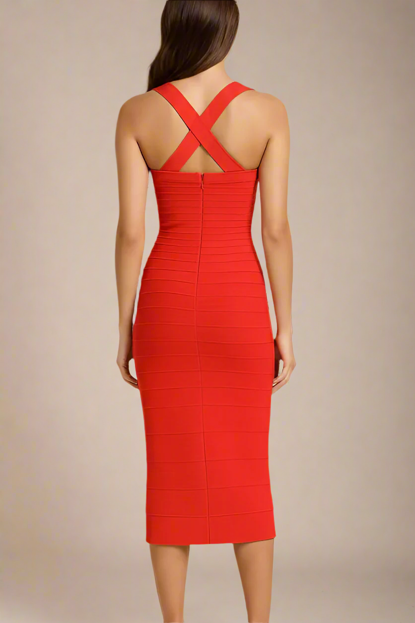 Lipstick Red Square Neck Wide Strap Curved Panel Bandage Midi Dress