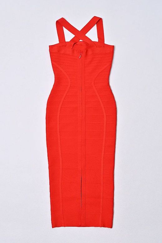 Lipstick Red Square Neck Wide Strap Curved Panel Bandage Midi Dress