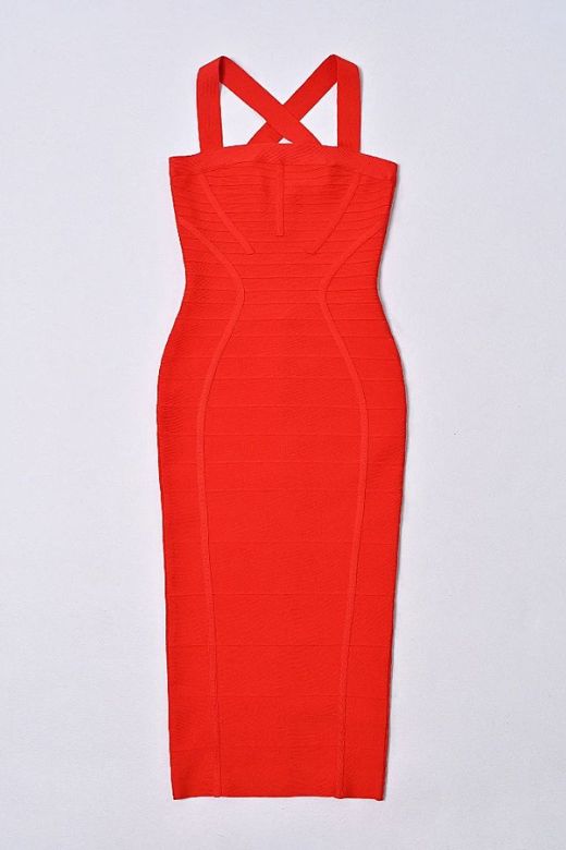 Lipstick Red Square Neck Wide Strap Curved Panel Bandage Midi Dress