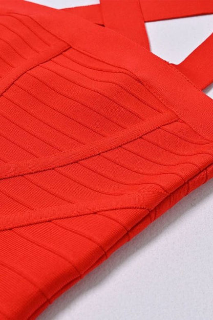 Lipstick Red Square Neck Wide Strap Curved Panel Bandage Midi Dress