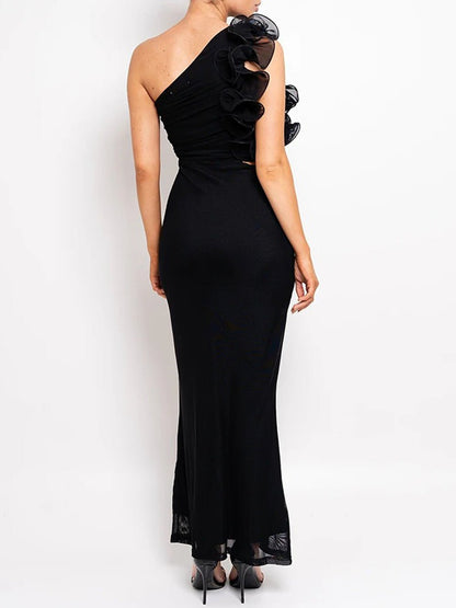 One Shoulder Organza Ruffle Shoulder Detail Waist Cut Out Mesh Hem Maxi Dress