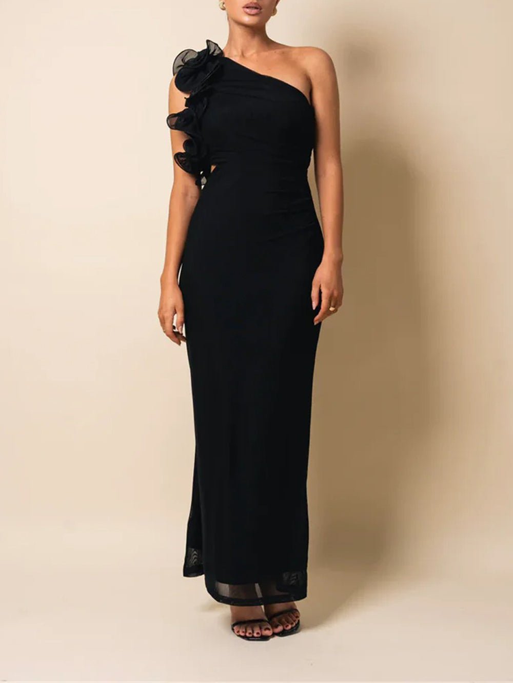 One Shoulder Organza Ruffle Shoulder Detail Waist Cut Out Mesh Hem Maxi Dress