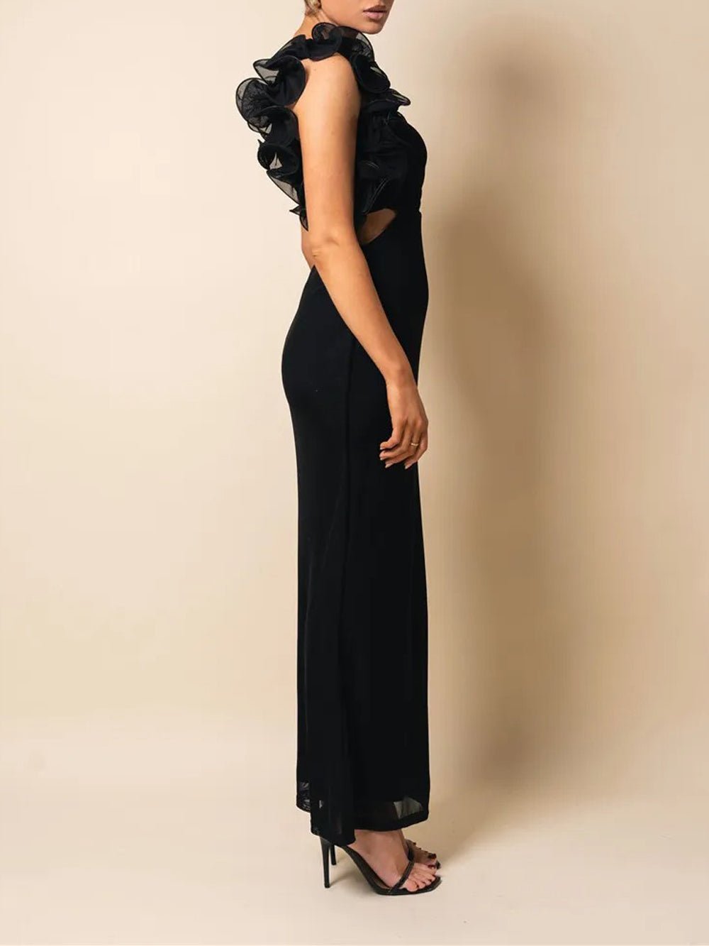 One Shoulder Organza Ruffle Shoulder Detail Waist Cut Out Mesh Hem Maxi Dress