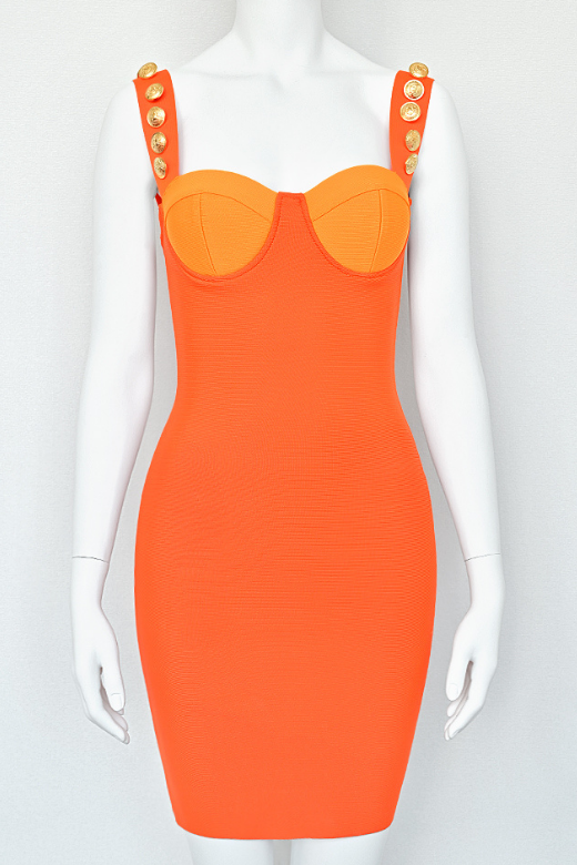 Apricot Orange Wide Strap Button Bustier Bandage Mini Dress