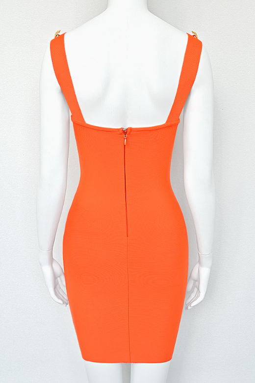 Apricot Orange Wide Strap Button Bustier Bandage Mini Dress