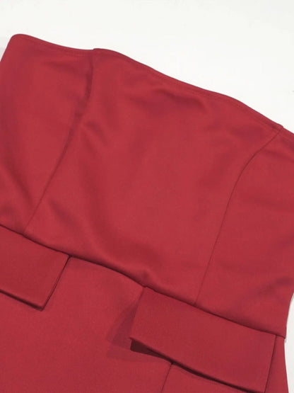 Red Strapless Peplum Flap Waist High Split Bodycon Midi Dress
