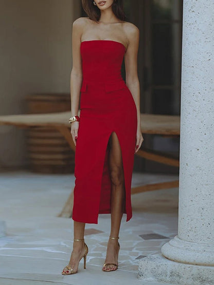 Red Strapless Peplum Flap Waist High Split Bodycon Midi Dress