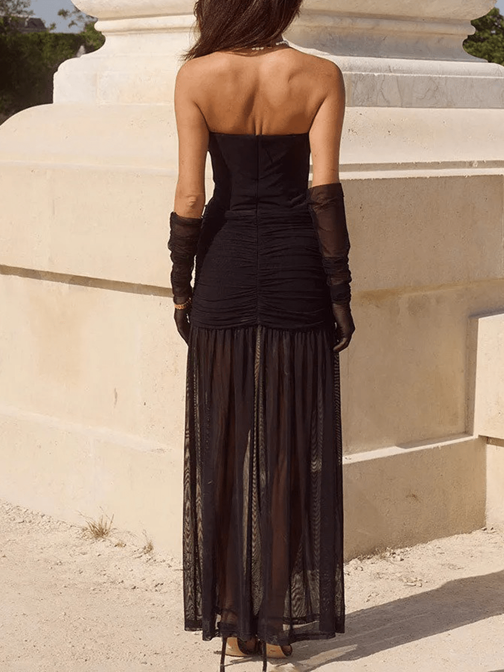Strapless Bustier Ruched Hip Sheer Mesh Skirt Column Maxi Gown