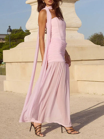 Strapless Bustier Ruched Hip Sheer Mesh Skirt Column Maxi Gown