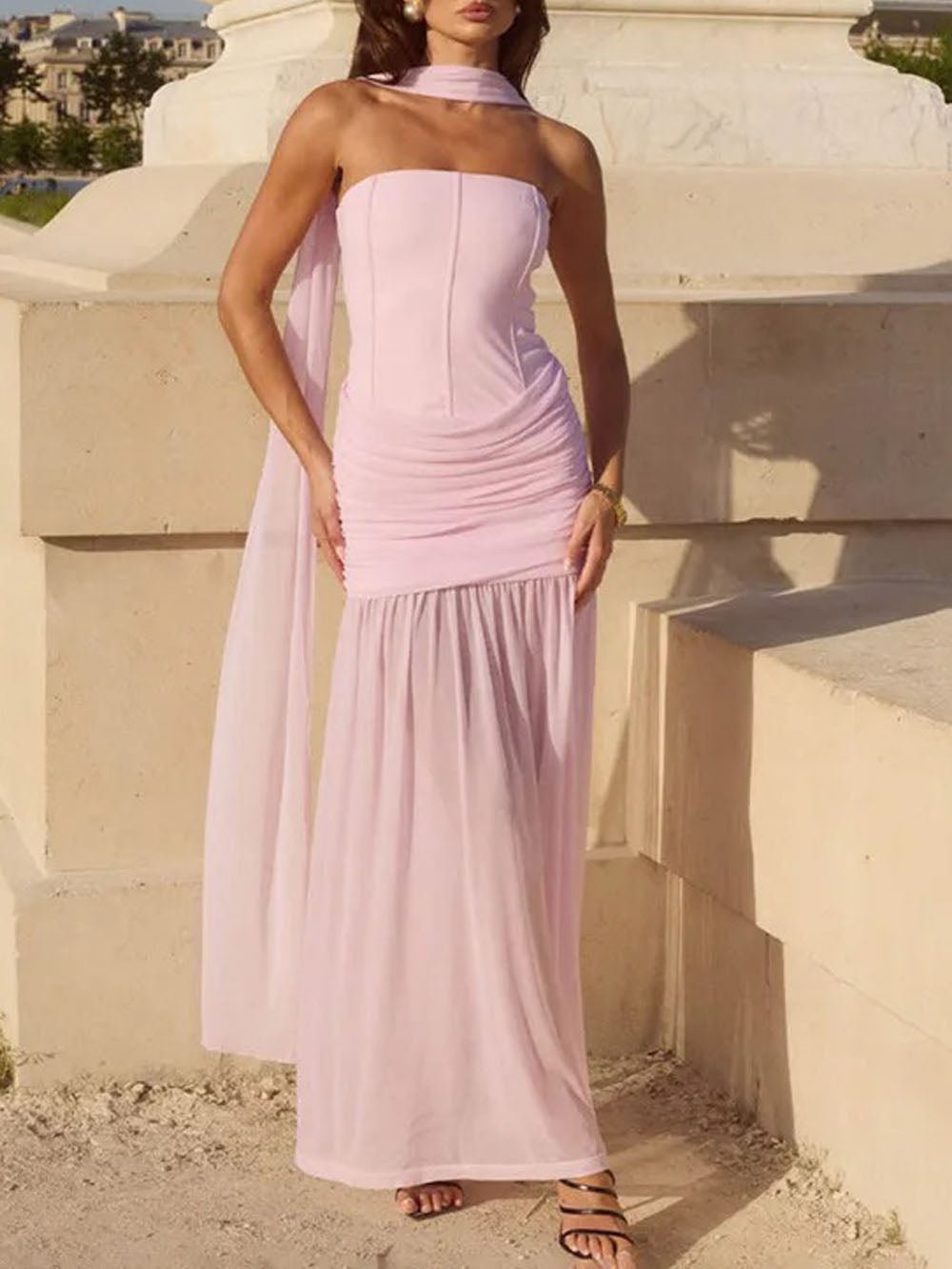 Strapless Bustier Ruched Hip Sheer Mesh Skirt Column Maxi Gown