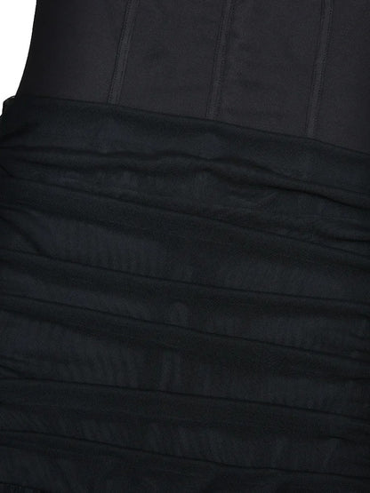 Strapless Bustier Ruched Hip Sheer Mesh Skirt Column Maxi Gown