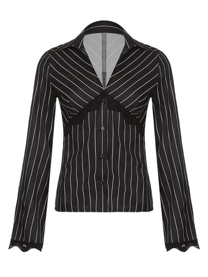 Lace Paneled Long Sleeve Striped Blouse