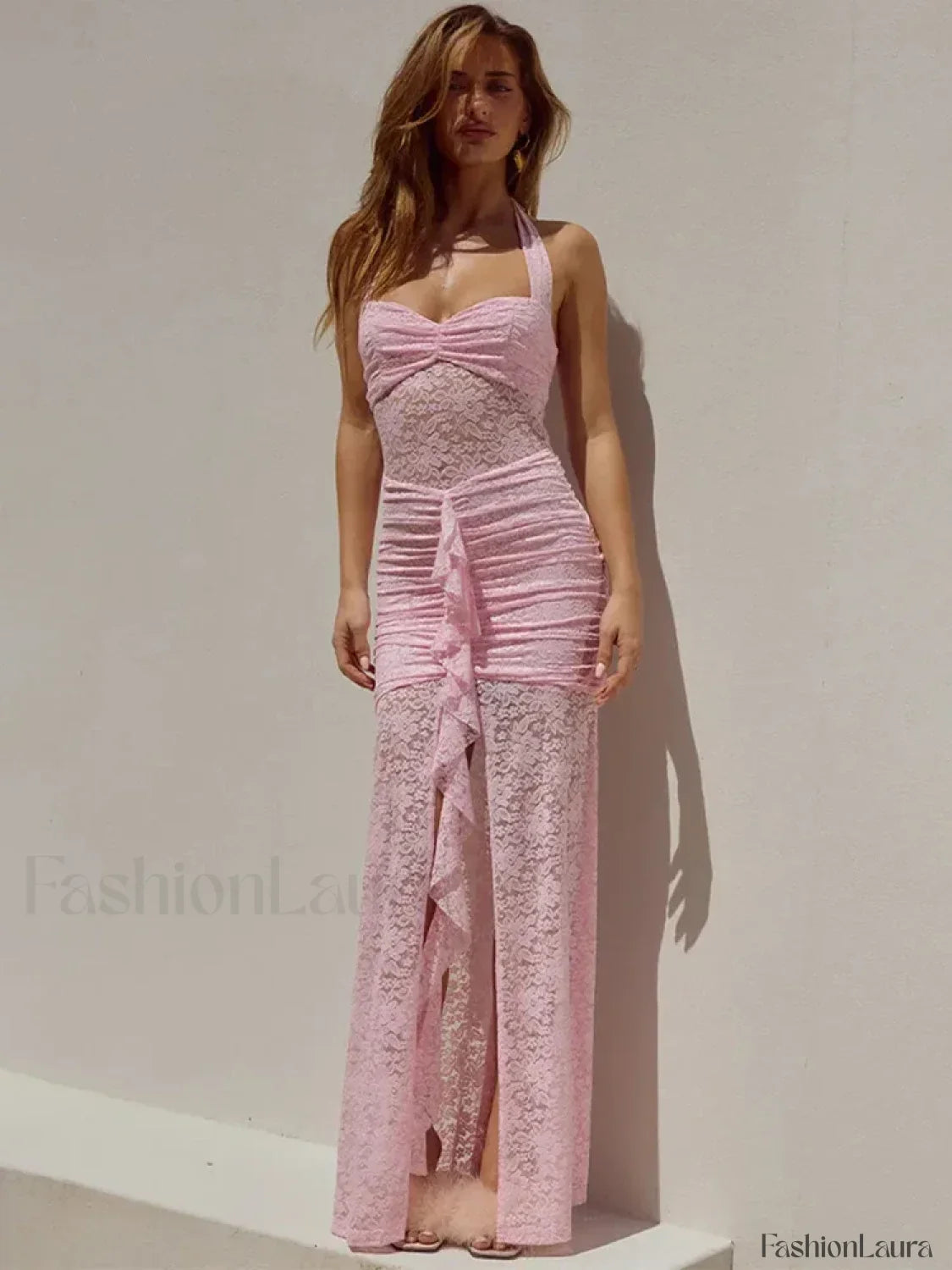 Lace Patchwork Ruched Maxi Dress