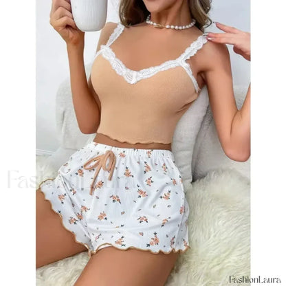 Lace Patchwork V-Neck Cami Shorts Two Piece Set