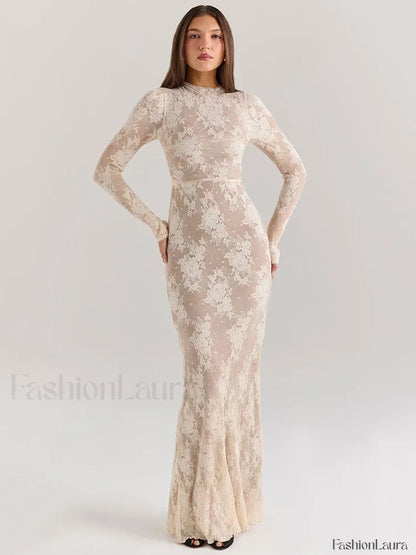 Lace Print Long Sleeve Maxi Dress
