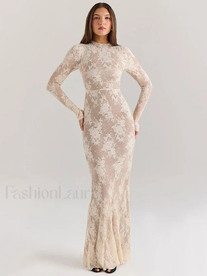 Lace Print Long Sleeve Maxi Dress