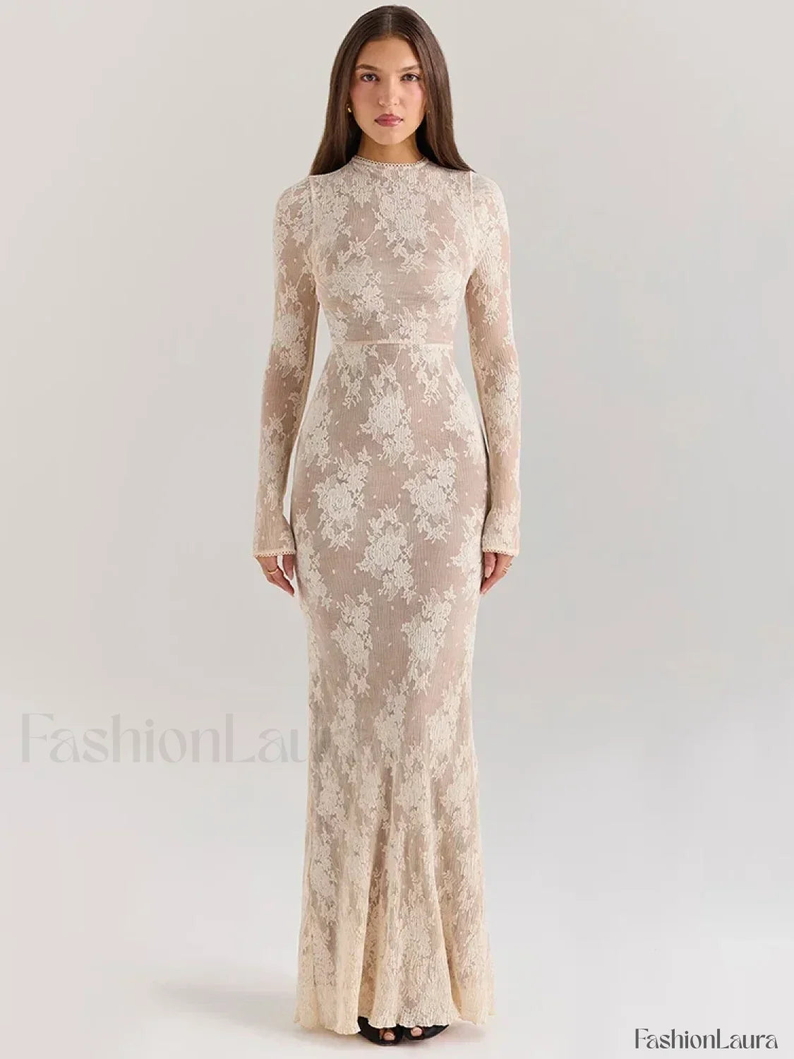 Lace Print Long Sleeve Maxi Dress