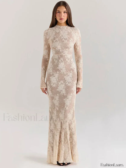 Lace Print Long Sleeve Maxi Dress