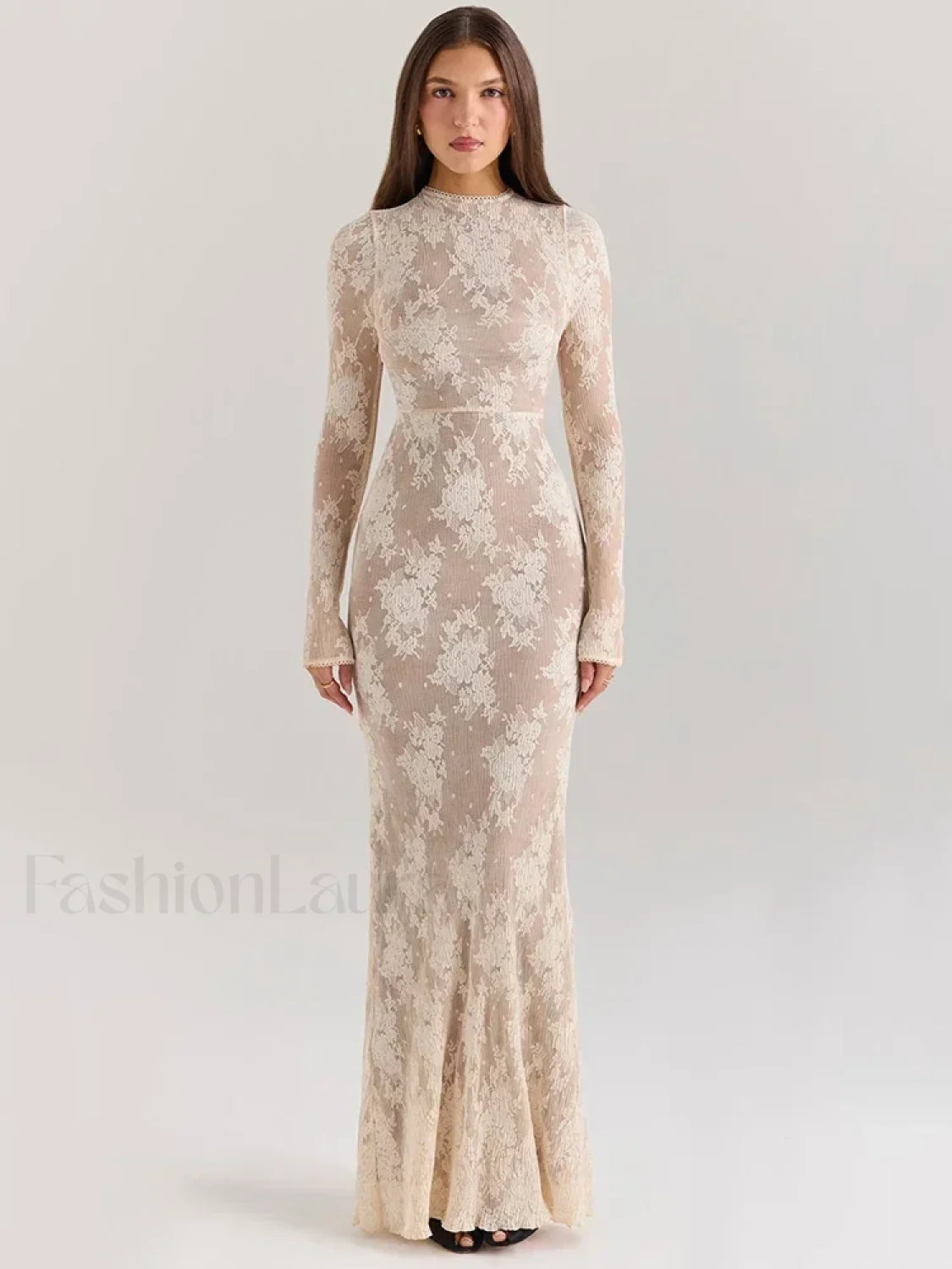 Lace Print Long Sleeve Maxi Dress