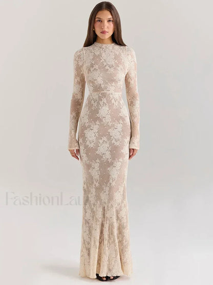 Lace Print Long Sleeve Maxi Dress