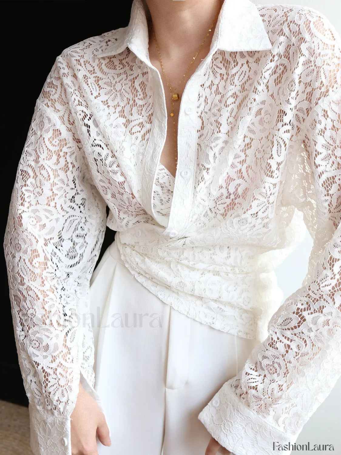 Lace Semi-sheer Graceful Collared Shirt