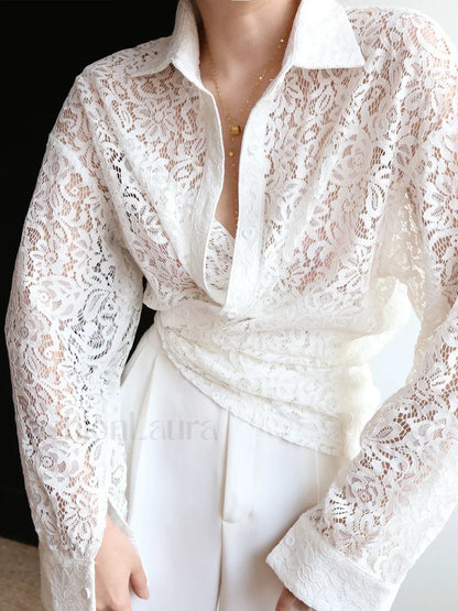 Lace Semi-sheer Graceful Collared Shirt