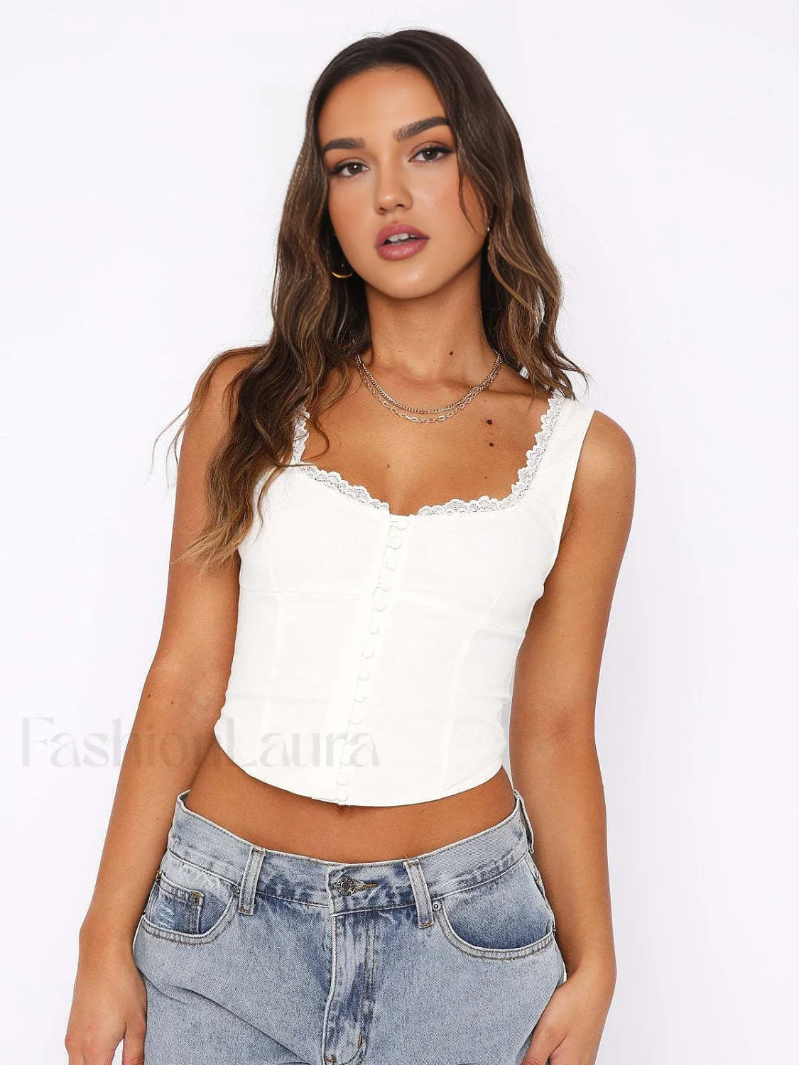 Lace Trim Button Up Strappy Tank Top