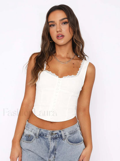 Lace Trim Button Up Strappy Tank Top