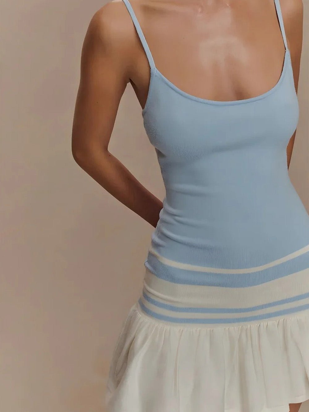 Blue Spaghetti Strap Scoop Neck Drop Waist Ruffle Flare Mini Dress