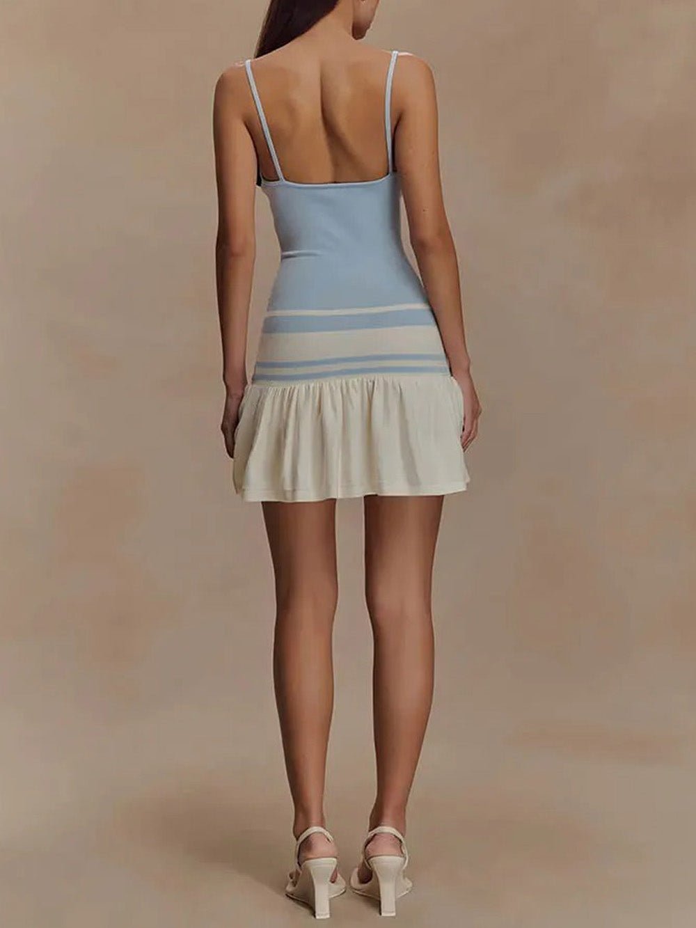 Blue Spaghetti Strap Scoop Neck Drop Waist Ruffle Flare Mini Dress