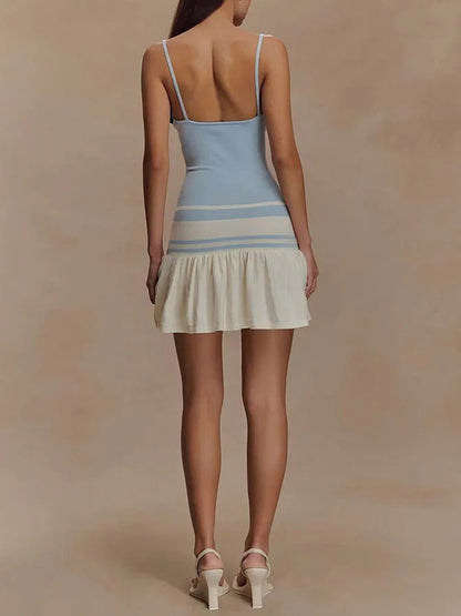 Blue Spaghetti Strap Scoop Neck Drop Waist Ruffle Flare Mini Dress