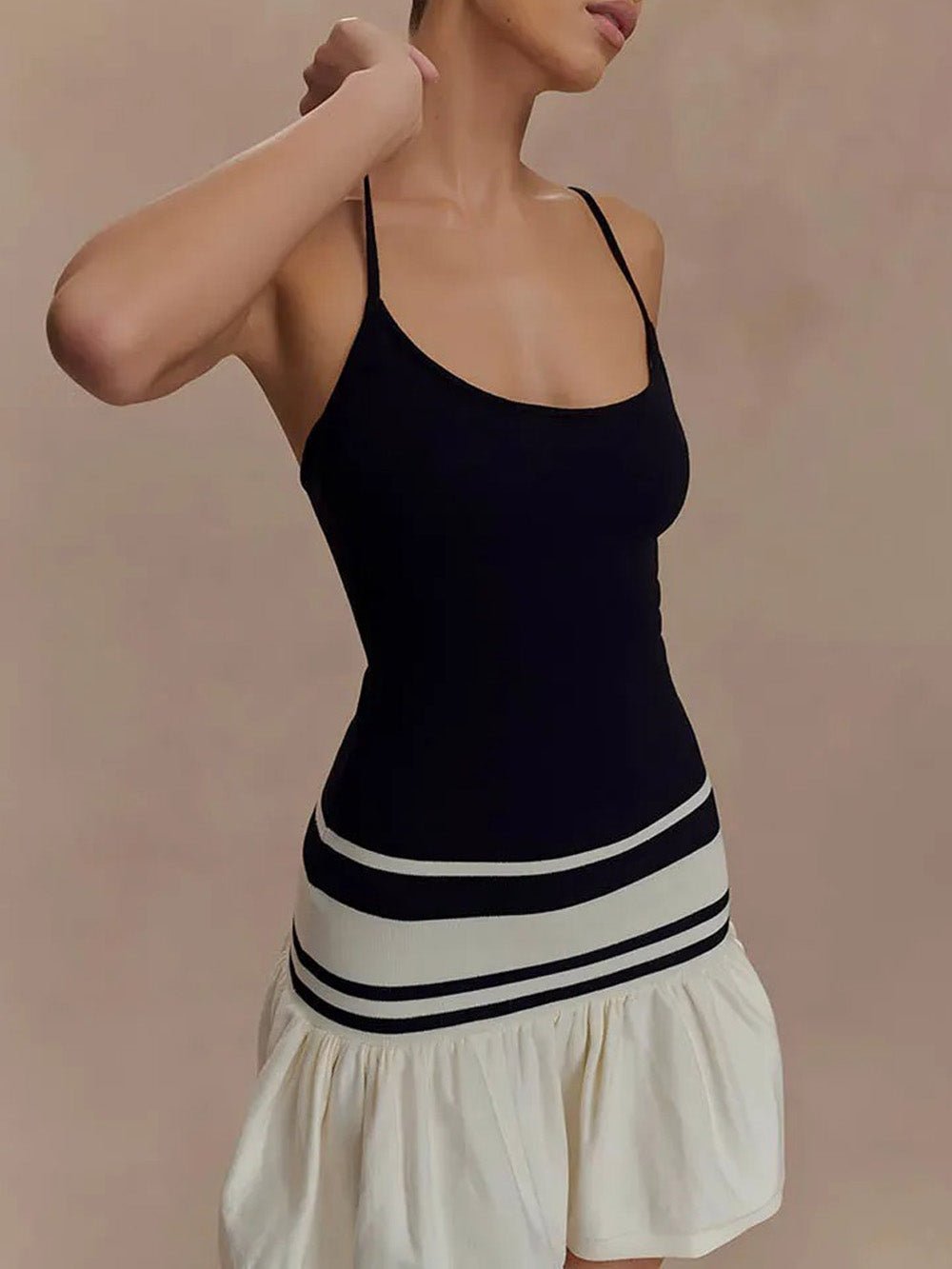 Black & White Spaghetti Strap Scoop Neck Drop Waist Ruffle Flare Mini Dress