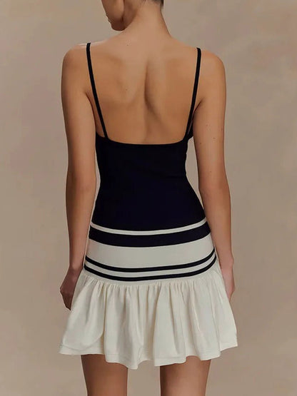 Black & White Spaghetti Strap Scoop Neck Drop Waist Ruffle Flare Mini Dress
