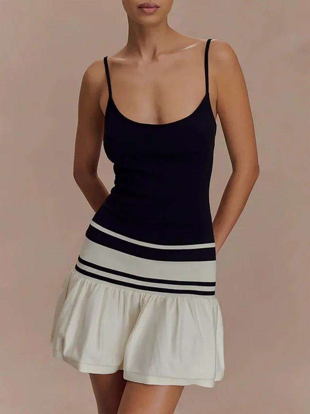 Black & White Spaghetti Strap Scoop Neck Drop Waist Ruffle Flare Mini Dress