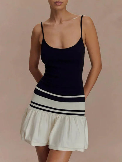 Black & White Spaghetti Strap Scoop Neck Drop Waist Ruffle Flare Mini Dress