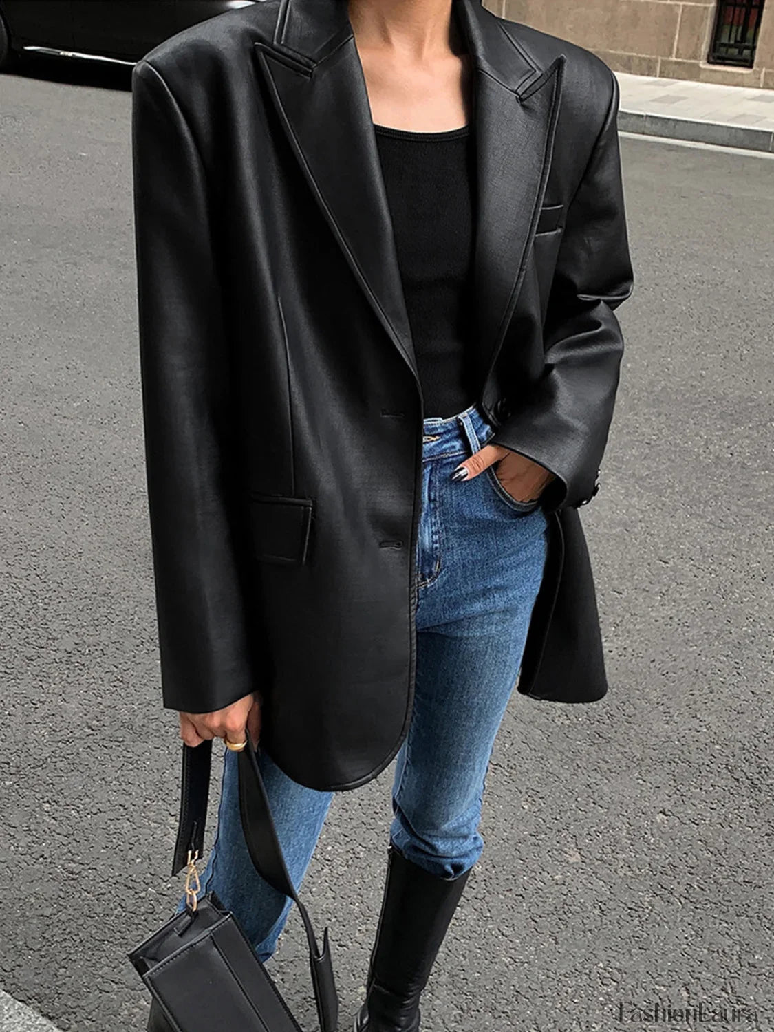 Lapel Pockets Leather Blazer