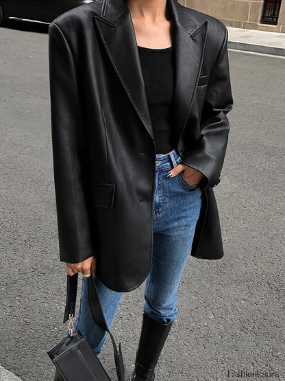 Lapel Pockets Leather Blazer