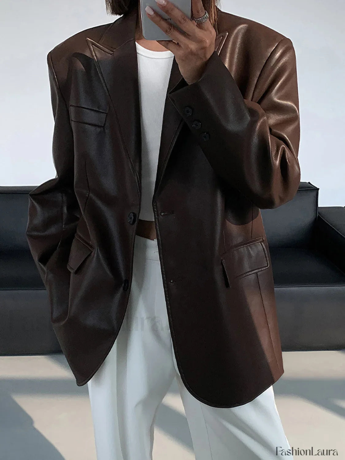 Lapel Pockets Leather Blazer