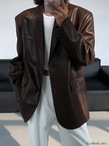 Lapel Pockets Leather Blazer