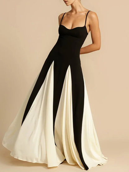 Black Spaghetti Strap Colorblock Pleated Panel Fit and Flare Maxi Gown