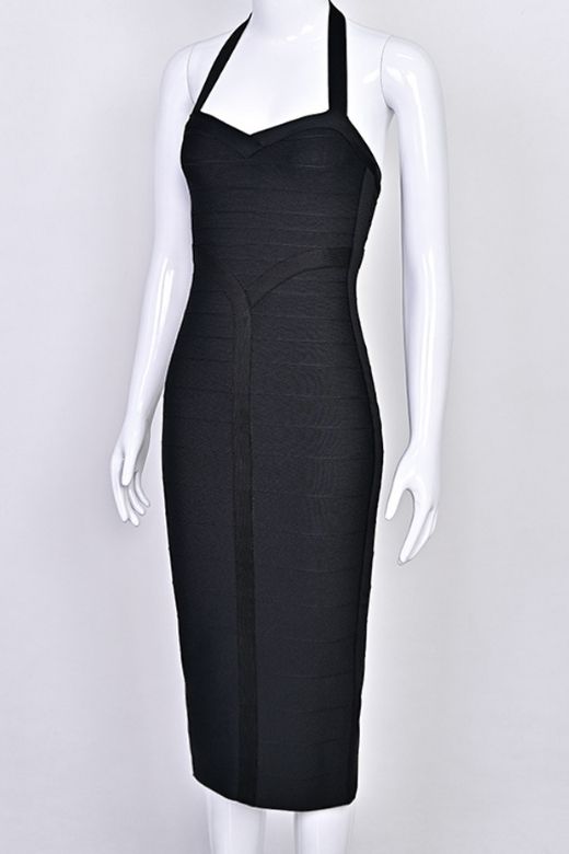 Classic Black Halter Neck Sweetheart Bandage Bodycon Midi Dress