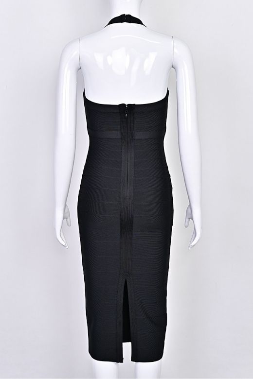 Classic Black Halter Neck Sweetheart Bandage Bodycon Midi Dress