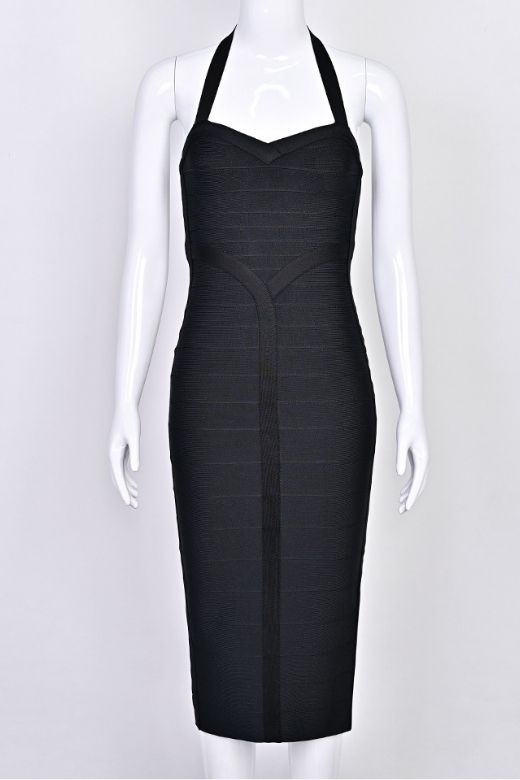 Classic Black Halter Neck Sweetheart Bandage Bodycon Midi Dress