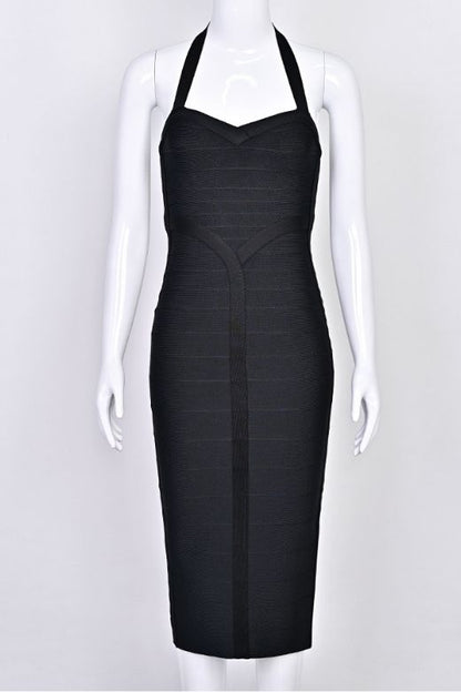 Classic Black Halter Neck Sweetheart Bandage Bodycon Midi Dress