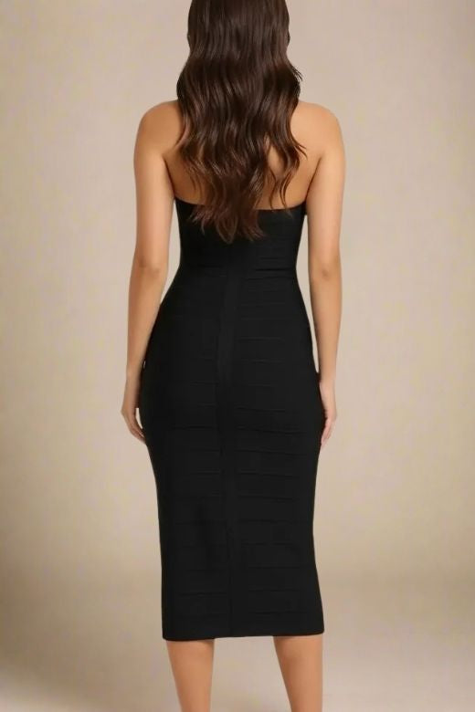 Classic Black Halter Neck Sweetheart Bandage Bodycon Midi Dress