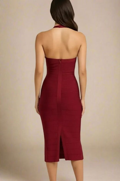 Red Wine Halter Neck Sweetheart Bandage Bodycon Midi Dress