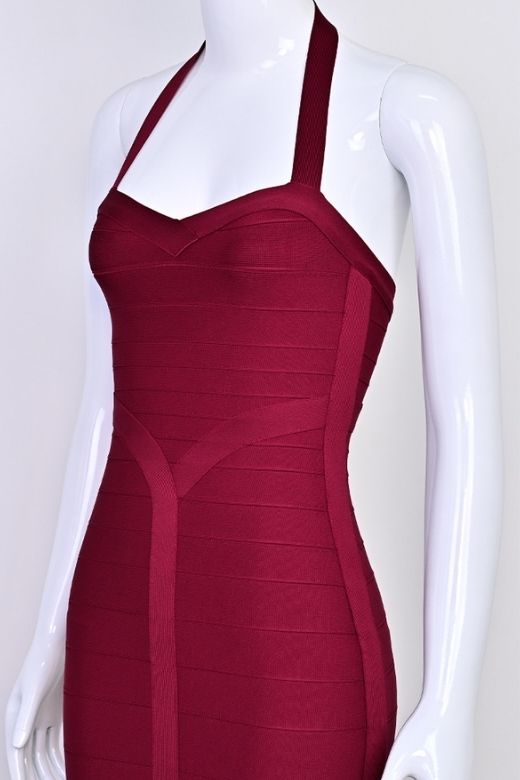 Red Wine Halter Neck Sweetheart Bandage Bodycon Midi Dress
