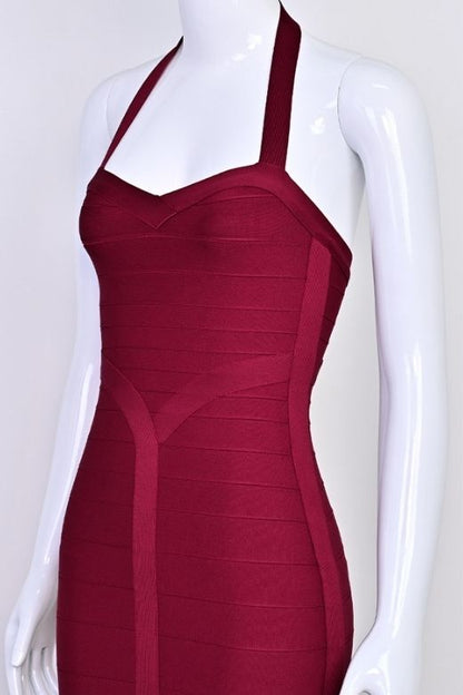 Red Wine Halter Neck Sweetheart Bandage Bodycon Midi Dress