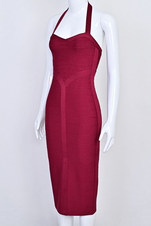 Red Wine Halter Neck Sweetheart Bandage Bodycon Midi Dress