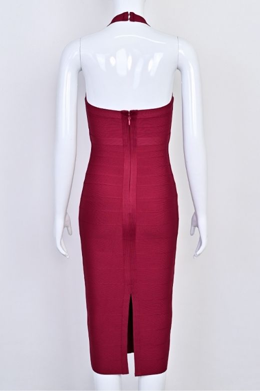 Red Wine Halter Neck Sweetheart Bandage Bodycon Midi Dress